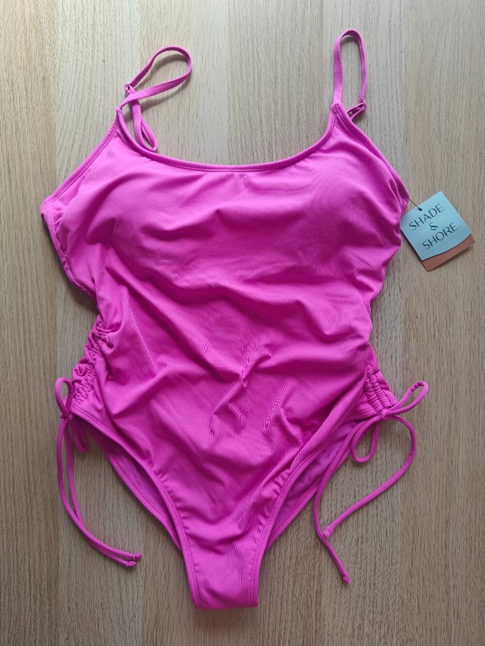 SHADE & SHORE RIBBED ONE-PIECE SWIMSUIT WITH ADJUSTABLE DRAWSTRINGS (L 12-14)